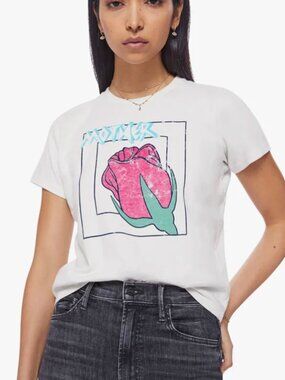 MOTHER The Cropped Itty Bitty Goodie Tee- White/Red/Green Rose- Little Bud- M